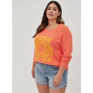 Torrid Coral Vegan Cashmere Pullover Tiger Animal Raglan Sweater